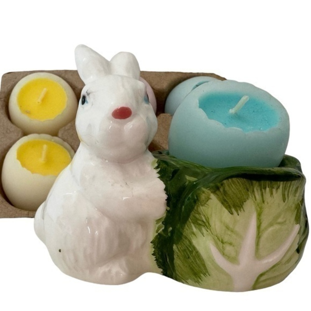 Hallmark White Ceramic Easter Bunny Candle Holder and Egg Shaped Candles
